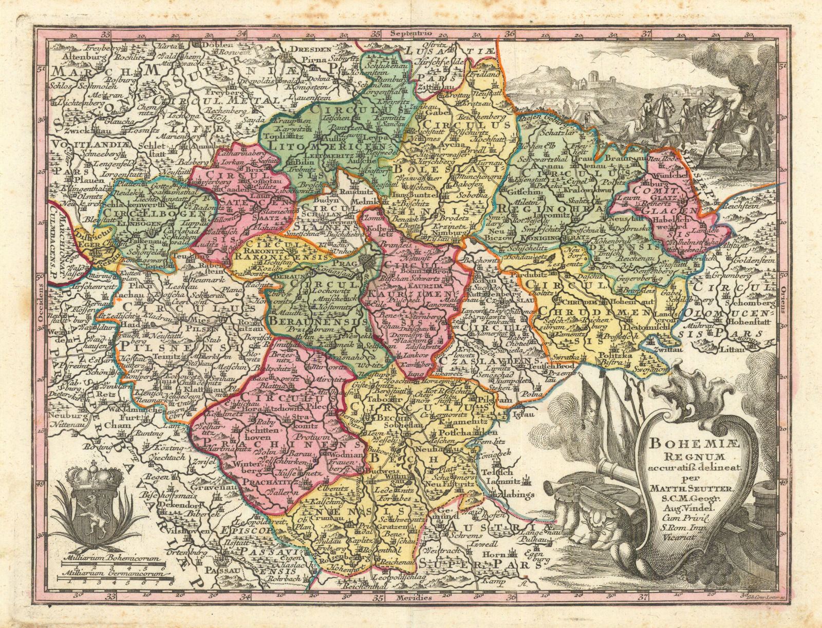 Bohemiae Regnum. Kingdom of Bohemia, Czechia by Matthäus Seutter c1744 old map